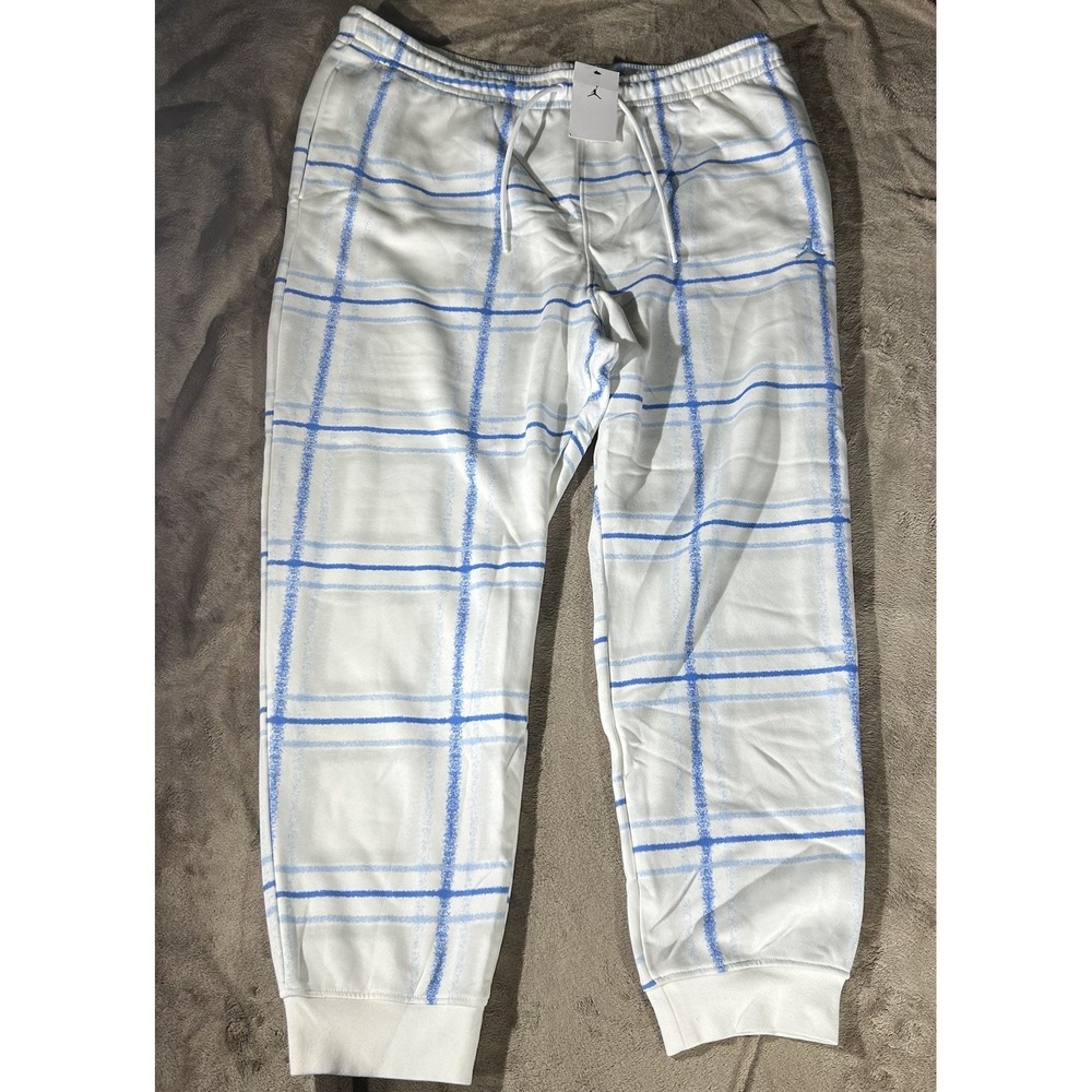 NWT Nike Air Jordan Men3XL White Blue Plaid Fleece Jogger Sweatpants FV7462-100
